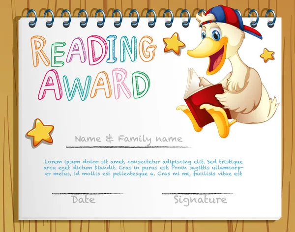 Modelo de prêmio de leitura com livro de leitura de pato — Vetor de Stock