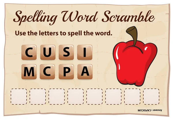 Spelling word scramble game with word capsicum — Stock Vector