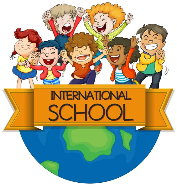 International school sign with children on earth — Stock Vector