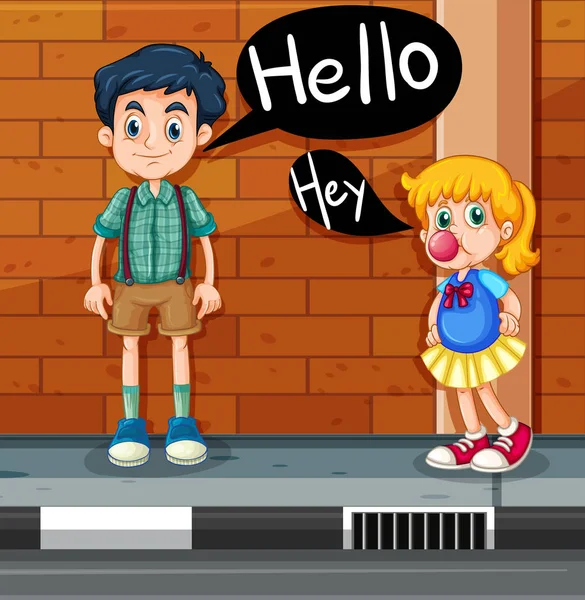 Хлопчик і дівчинка вітаються в дорозі — стоковий вектор