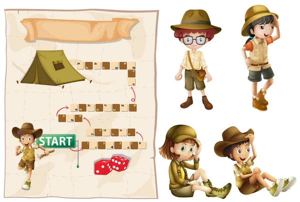 Spielvorlage mit Kindern im Safari-Outfit — Stockvektor