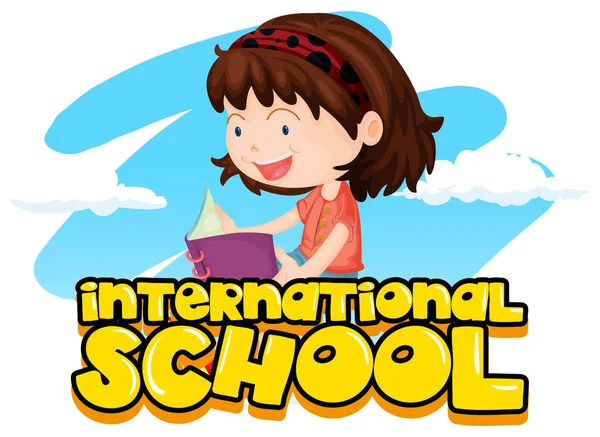 Cartel escolar internacional con libro de lectura de chica — Archivo Imágenes Vectoriales