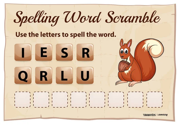 Spelling word scramble game with word squirrel — Stock Vector