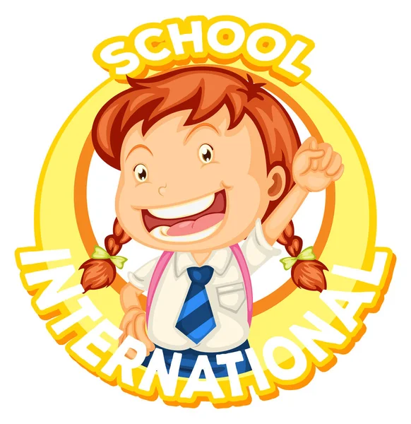 Logotipo da escola internacional com menina estudante —  Vetores de Stock