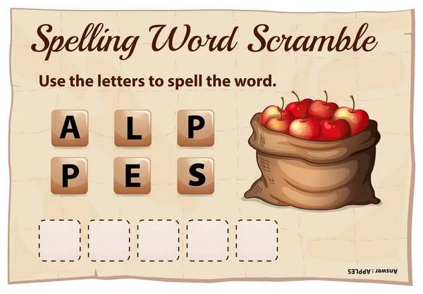 Ortografía palabra scramble juego con manzanas palabra — Archivo Imágenes Vectoriales