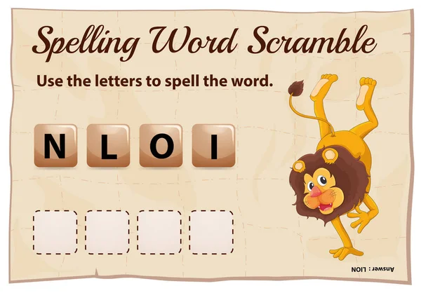 Ortografía palabra scramble juego con palabra león — Archivo Imágenes Vectoriales