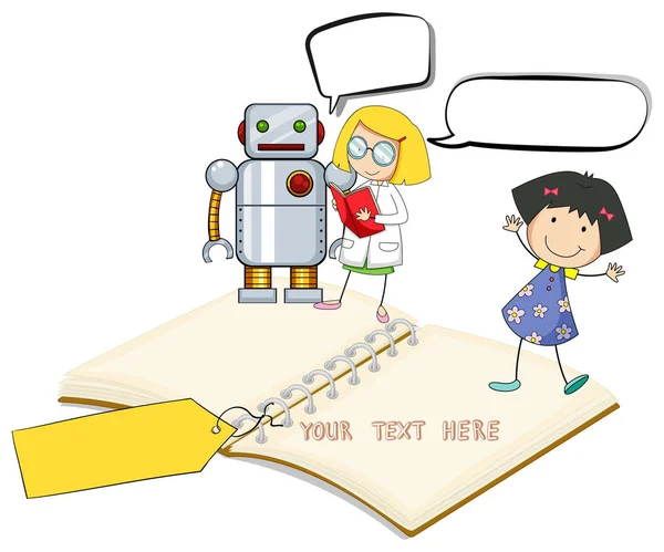 Бумажный шаблон с счастливыми детьми и роботом — стоковый вектор