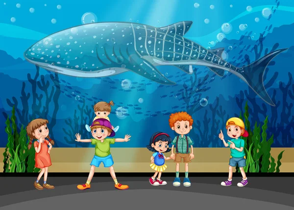 Children and killer whale in aquarium Stock Illustration