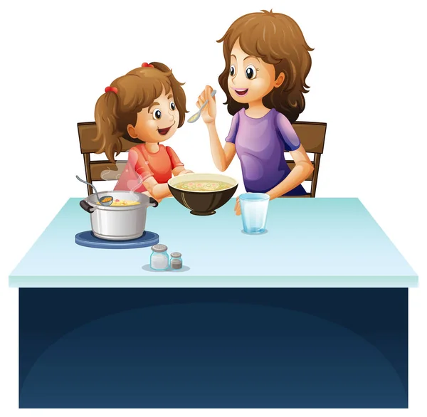 Mother feeding little kid on the table — Stock Illustration Mother feeding little kid on the table Vector Graphics