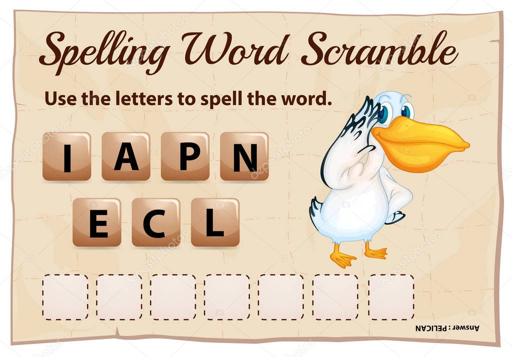Spelling word game with word pelican