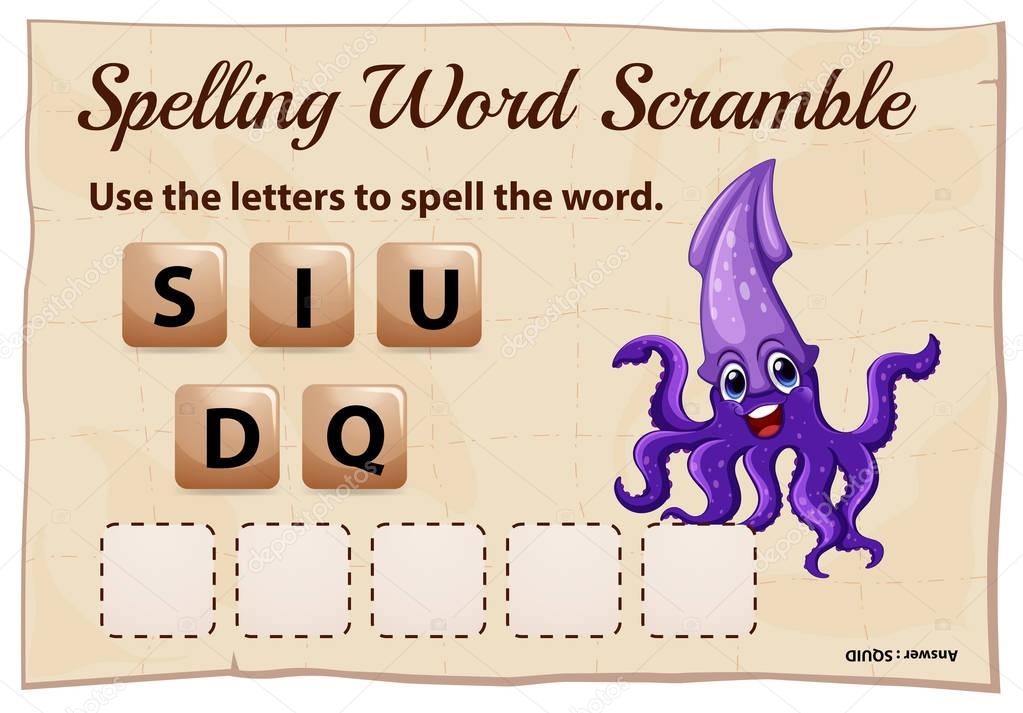 Spelling word scramble game with word squid