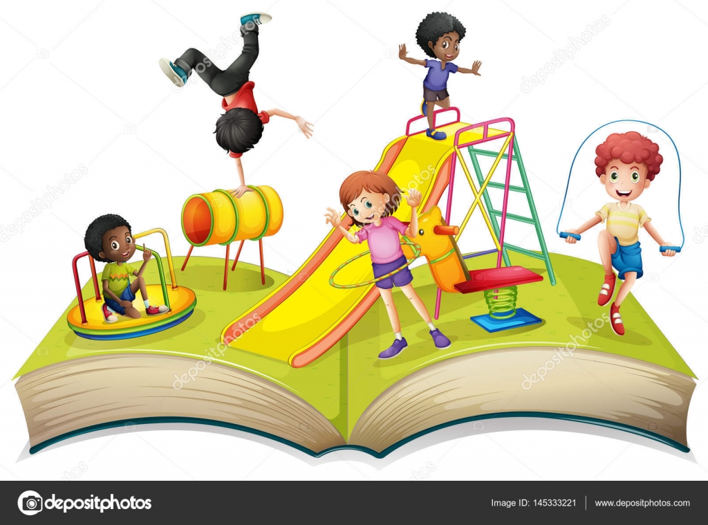 niños jugando en el patio de recreo — Vector de stock © interactimages