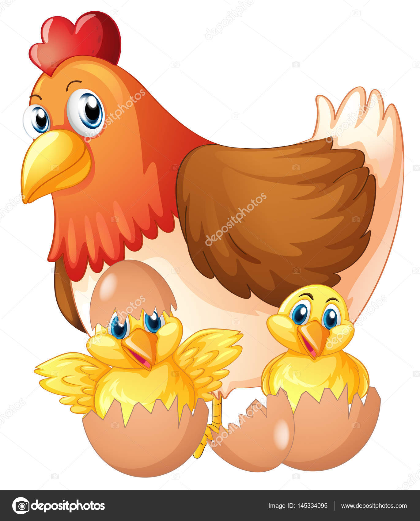 Download Mother hen and two chicks in eggs — Stock Vector © interactimages #145334095