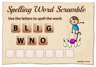 Spelling word scrable game with word bowling clipart