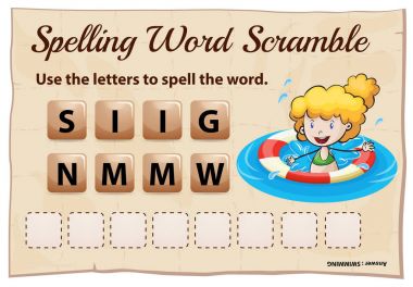 Kelime scrable oyunu ile Yüzme sözcüğün yazımını