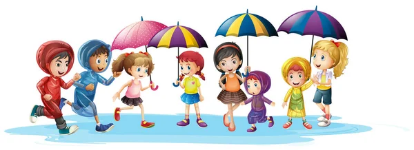 Kids in raincoats and umbrella — Stock Vector