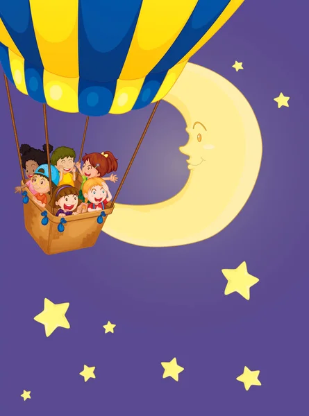 Дети катаются на воздушном шаре ночью — стоковый вектор