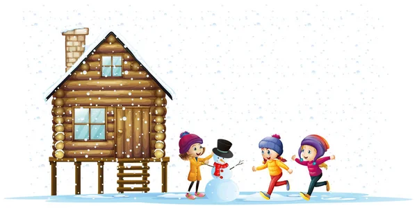 Niños jugando en la nieve junto a la cabaña — Archivo Imágenes Vectoriales