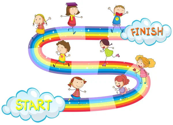 Plantilla de juego con muchos niños en arco iris — Vector de stock