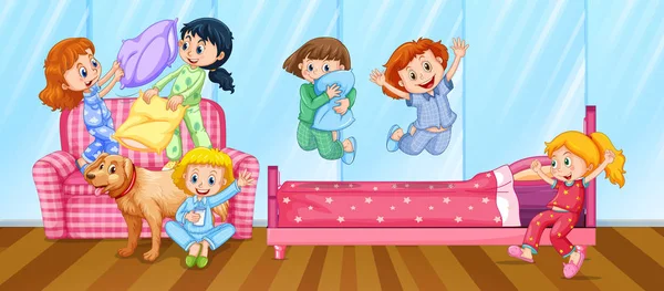 Chicas teniendo fiesta de pijamas en el dormitorio — Vector de stock