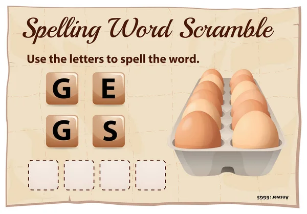 Soletrar palavra jogo scrable com ovos de palavra —  Vetores de Stock