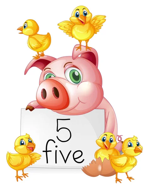 Pig and five little chicks — Stock Vector