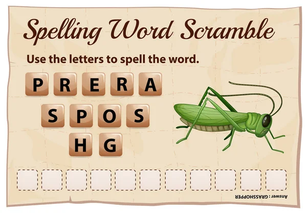 Spelling word scramble game with word grasshopper — Stock Vector