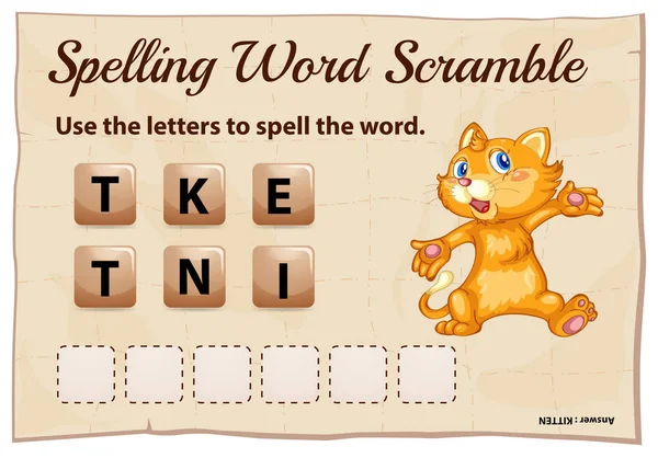 Ortografía palabra scramble juego con palabra gatito — Archivo Imágenes Vectoriales