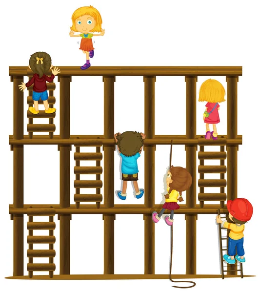 Children climbing up the wooden ladders — Stock Vector