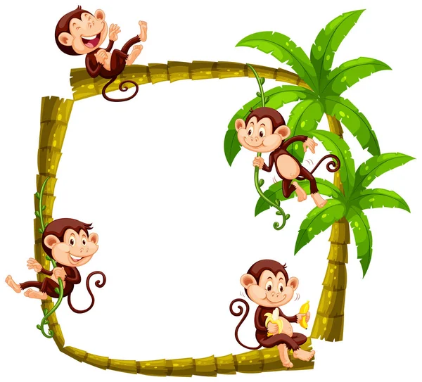 Diseño del marco con monos en árbol de coco — Vector de stock