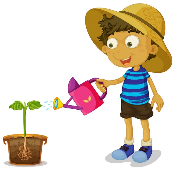 Chlapec, zalévání rostlin na bílém pozadí — Stockový vektor