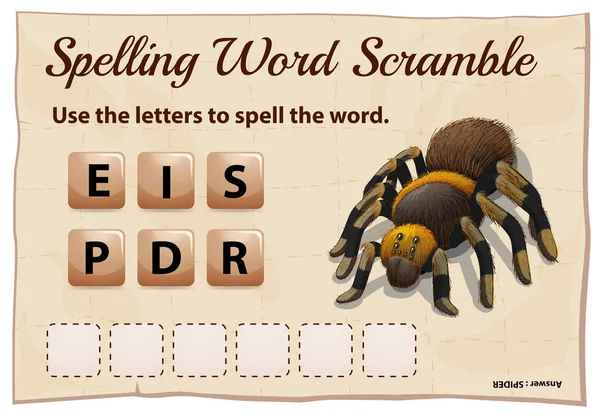 Soletrar palavra jogo scrable com aranha palavra —  Vetores de Stock