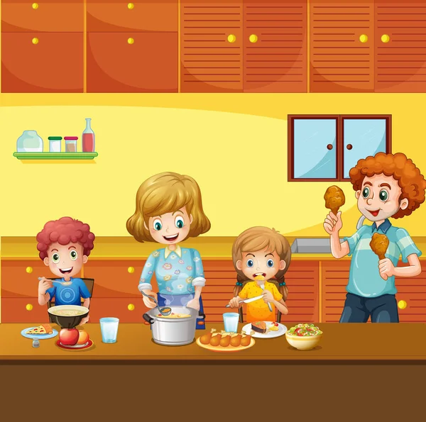 Familia comiendo en la cocina — Vector de stock