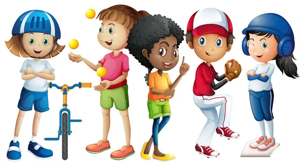 Sok gyermek a különböző sport felszerelés — Stock Vector