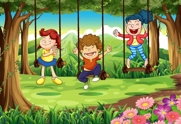 Троє дітей на гойдалках у лісі — стоковий вектор