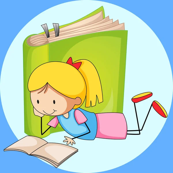 Chica leyendo libro con libro verde en el fondo — Vector de stock