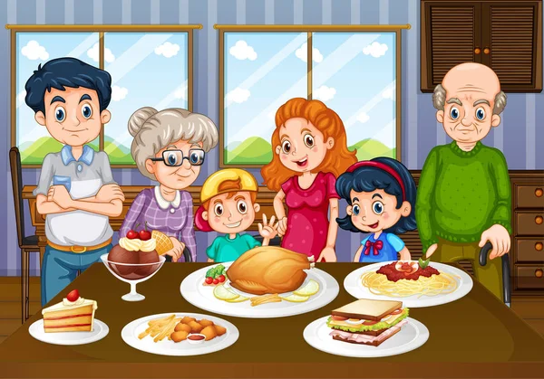 Familia cenando juntos en el comedor — Vector de stock