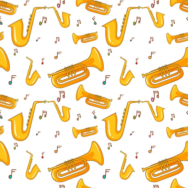 Fundo sem costura com saxofone e notas de música — Vetor de Stock