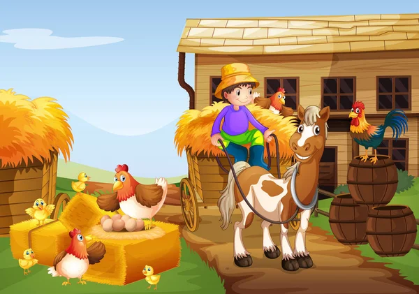 Farmer riding horse in the farm — Stock Vector