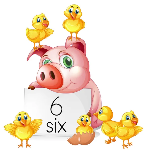 Counting number six with pig and chicks — Stock Vector