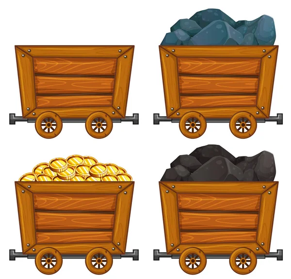 Produtos de mineração em carrinhos de madeira — Vetor de Stock