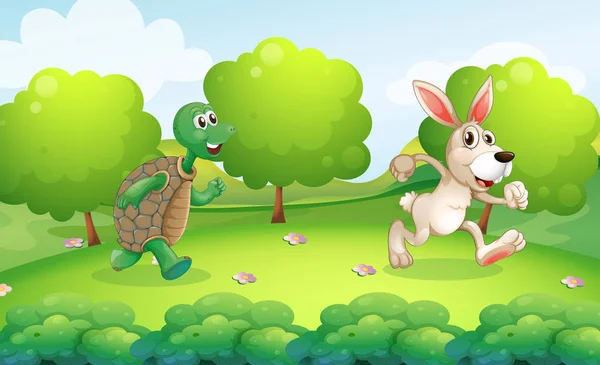 Tartaruga e coelho correndo no parque — Vetor de Stock