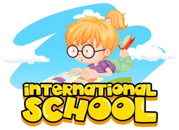 Cartel de la escuela internacional con libro de lectura chica — Vector de stock