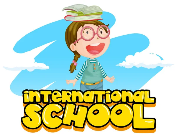 International school poster design with girl and books — Stock Vector
