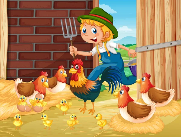Farmer and chickens in the barn — Stock Vector