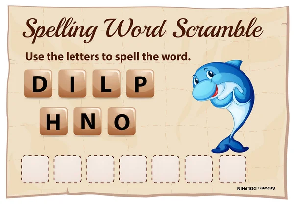 Ortografía palabra juego rascable con palabra delfín — Archivo Imágenes Vectoriales