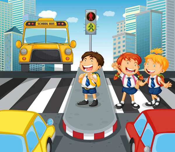 Escuela de niños cruzando la calle en la ciudad — Archivo Imágenes Vectoriales