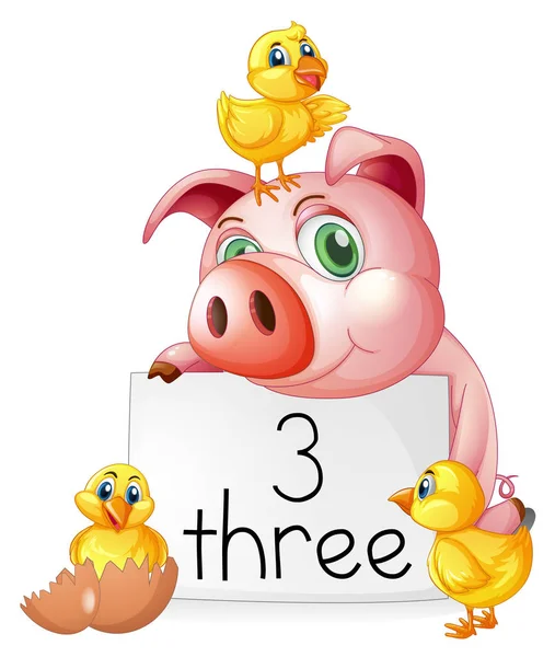 Contando el número tres con cerdos y pollitos — Vector de stock