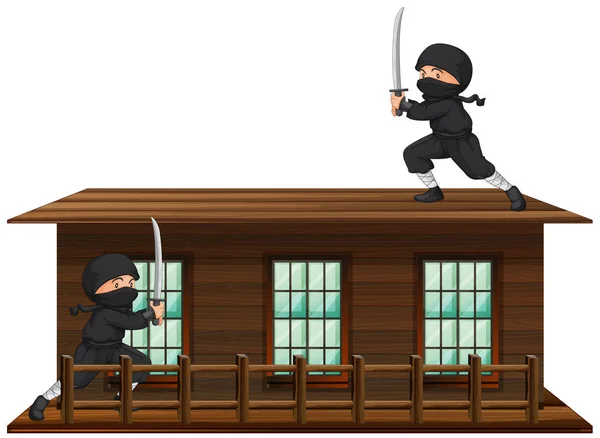 Ninja with sword on the roof — Stock Vector