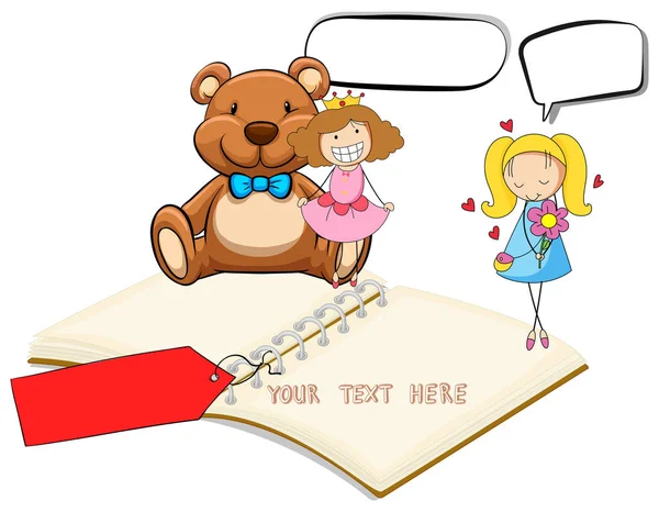 Κενό σημειωματάριο με δύο κορίτσια και teddybear φόντο — Διανυσματικό Αρχείο